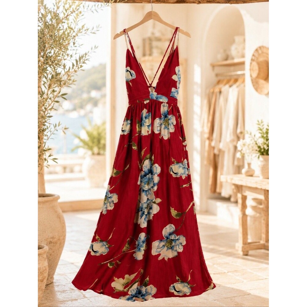 L'atiste Floral Maxi Dress M Open Back Halter Adjustable Boho Wedding Guest